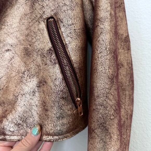 Anthropologie Metallic Bronze Gold Moto Jacket Faux Leather Biker Medium - Picture 4 of 6